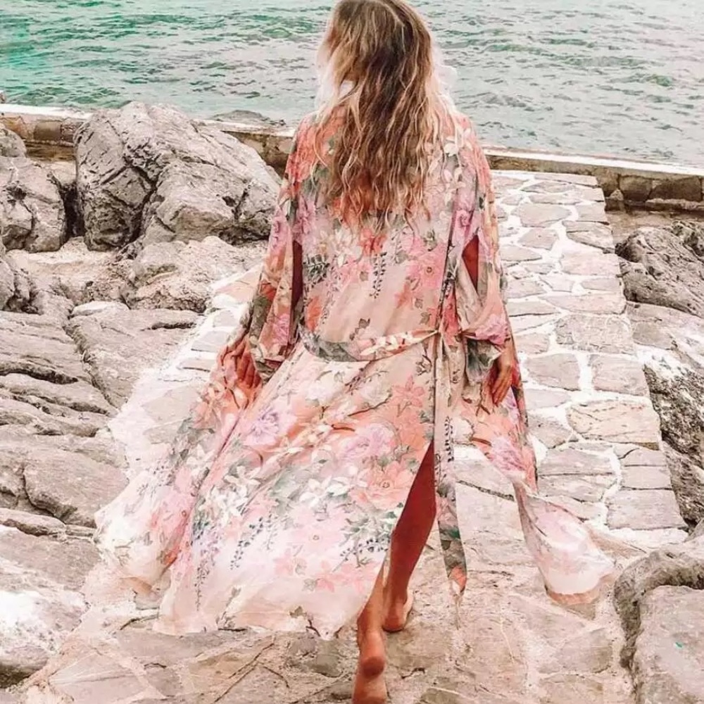 Boho Paradise Petals Bohemian Pink Gypsy Kimono Duster - Picture 3 of 16